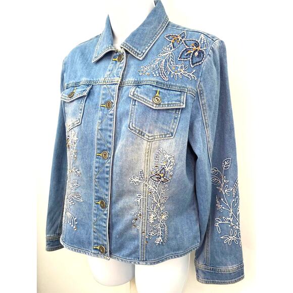 Chico's Thirty Unforgettable Years Denim Jacket Stretch Embellished Size 1 (M/8) - Picture 4 of 8